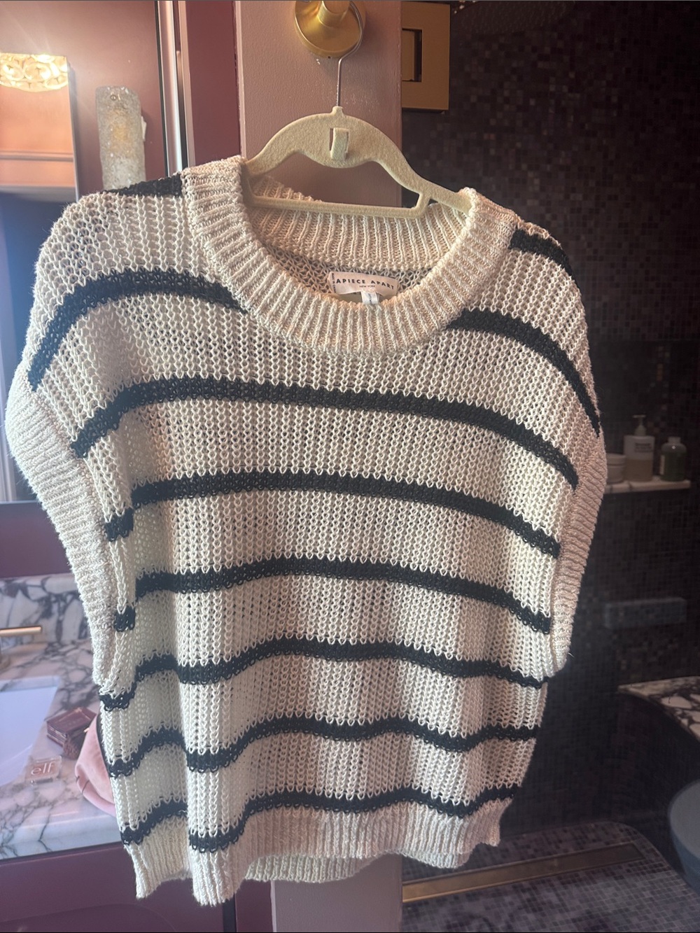 Apiece Apart Cream and Black Striped Open-Knit Crewneck Sweater